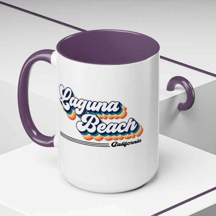 Coffee Mug, Laguna Beach Retro 80s Vibe Big Text, Tea Cup, Hot Chocolate Mug, Unique Gift for Beach Lovers, Birthday Gift for Coffee