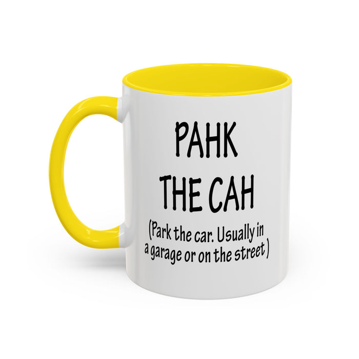 Accent Coffee Mug, Boston Pahk the Cah Funny Gift, Massachusetts Souvenir Cup, Tea Drinker Present, Office Desk Decor, Unique White Ceramic