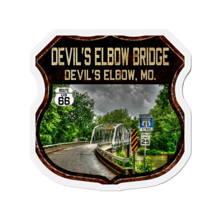 Vintage Devil's Elbow Bridge Die-Cut Magnet - Route 66 Highway Shield Missouri