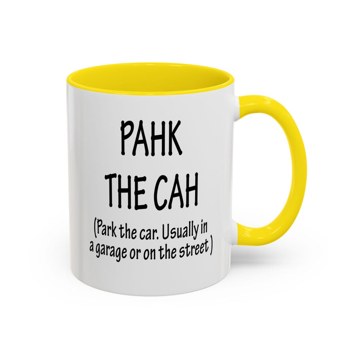 Accent Coffee Mug, Boston Pahk the Cah Funny Gift, Massachusetts Souvenir Cup, Tea Drinker Present, Office Desk Decor, Unique White Ceramic