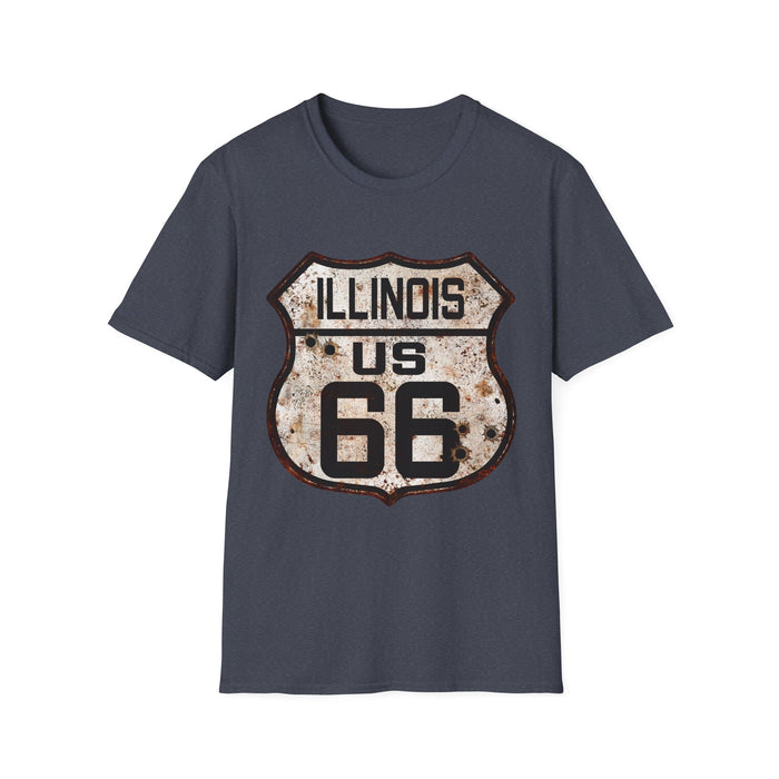 Vintage Illinois Route 66 Tee, Rusty Look with Bullet Holes on Route 66 Shield Unisex Softstyle T-Shirt