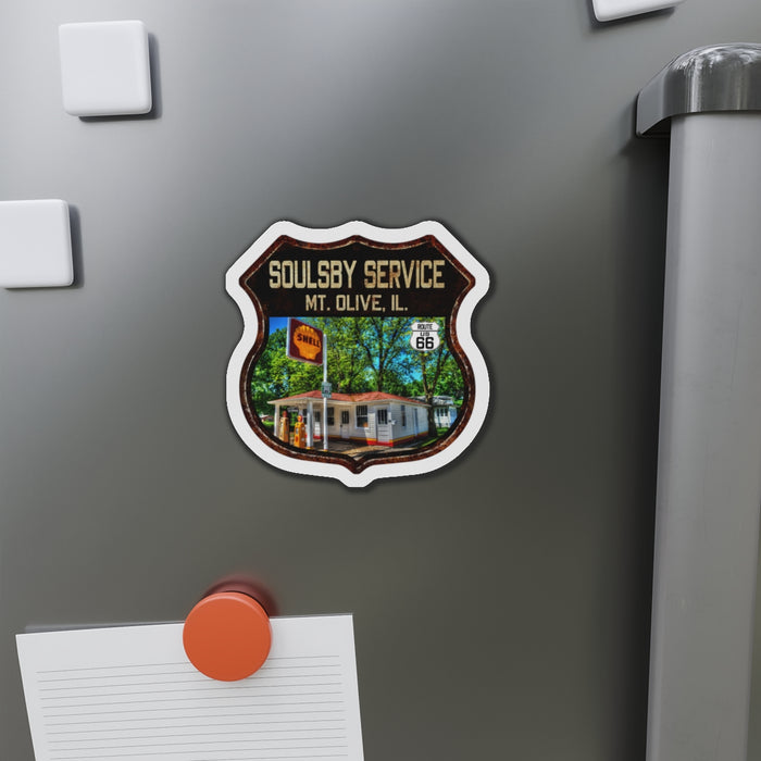 Vintage Rusty Soulsby Service Station Die-Cut Magnet - Route 66 Highway Shield Illinois