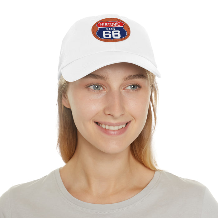 Route 66 Inspired Dad Hat in Red, White and Blue Dad Hat with Leather Patch (Round)
