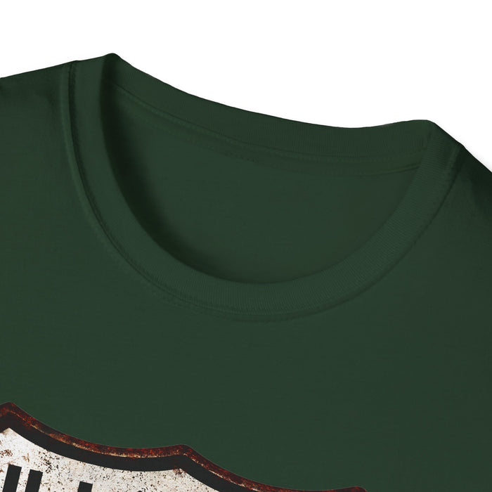Vintage Illinois Route 66 Tee, Rusty Look with Bullet Holes on Route 66 Shield Unisex Softstyle T-Shirt
