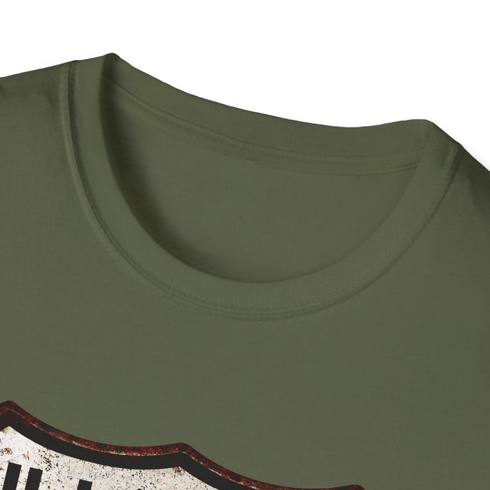 Vintage Illinois Route 66 Tee, Rusty Look with Bullet Holes on Route 66 Shield Unisex Softstyle T-Shirt