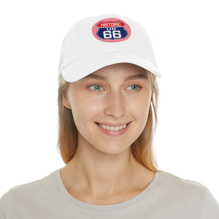 Route 66 Inspired Dad Hat in Red, White and Blue Dad Hat with Leather Patch (Round)