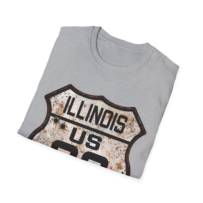 Vintage Illinois Route 66 Tee, Rusty Look with Bullet Holes on Route 66 Shield Unisex Softstyle T-Shirt