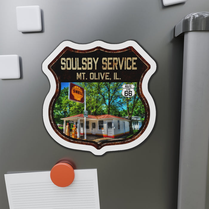 Vintage Rusty Soulsby Service Station Die-Cut Magnet - Route 66 Highway Shield Illinois