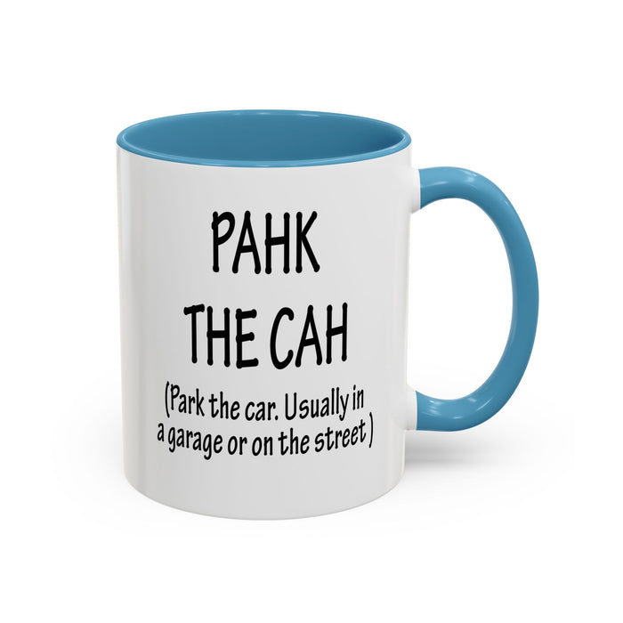 Accent Coffee Mug, Boston Pahk the Cah Funny Gift, Massachusetts Souvenir Cup, Tea Drinker Present, Office Desk Decor, Unique White Ceramic