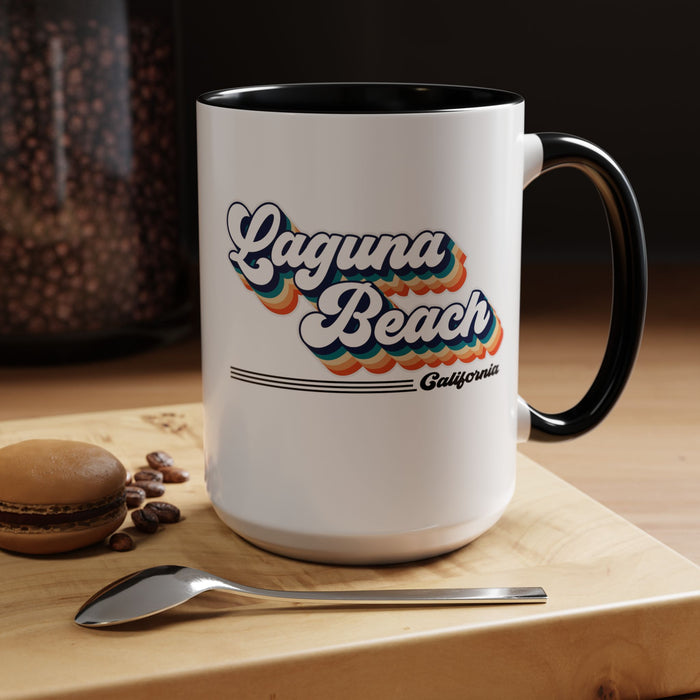 Coffee Mug, Laguna Beach Retro 80s Vibe Big Text, Tea Cup, Hot Chocolate Mug, Unique Gift for Beach Lovers, Birthday Gift for Coffee