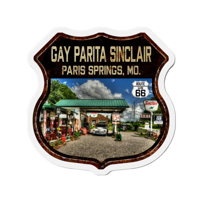 Vintage Rusty Gay Parita Die-Cut Magnet - Route 66 Highway Shield Missouri
