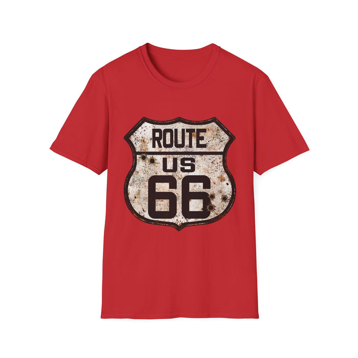 VIntage Route 66 Tee, Rusty Look with Bullet Holes on Route 66 Shield Unisex Softstyle T-Shirt