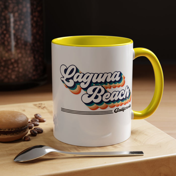 Coffee Mug, Laguna Beach Retro 80s Vibe Big Text, Tea Cup, Hot Chocolate Mug, Unique Gift for Beach Lovers, Birthday Gift for Coffee