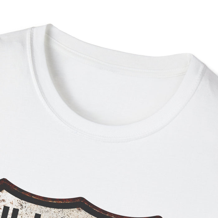 Vintage Illinois Route 66 Tee, Rusty Look with Bullet Holes on Route 66 Shield Unisex Softstyle T-Shirt