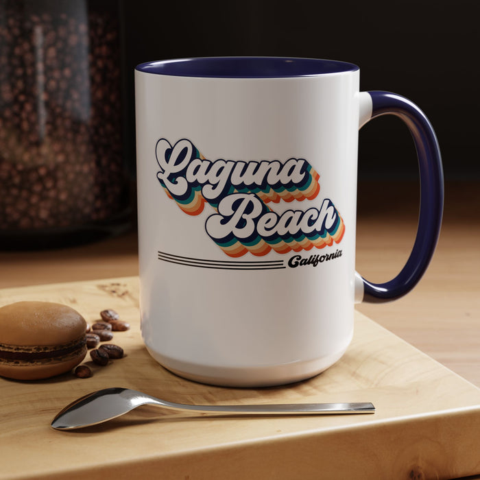 Coffee Mug, Laguna Beach Retro 80s Vibe Big Text, Tea Cup, Hot Chocolate Mug, Unique Gift for Beach Lovers, Birthday Gift for Coffee