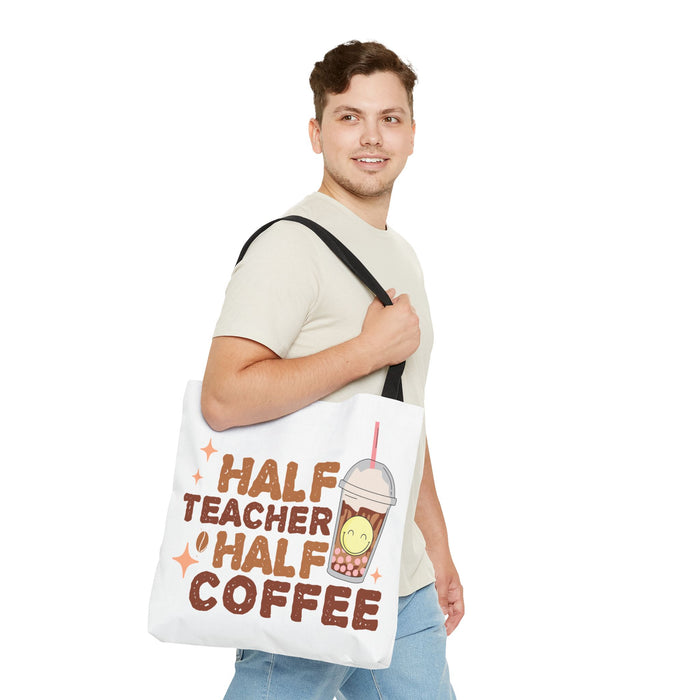 Funny Teacher Tote Bag - Half Teacher Half Coffee Design