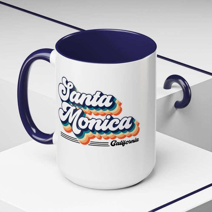 Coffee Mug, Santa Monica Retro 80s Vibe Big Text, Tea Cup, Hot Chocolate Mug, Unique Gift for Beach Lovers, Birthday Gift for Coffee