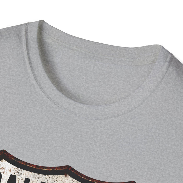 Vintage California Route 66 Tee, Rusty Look with Bullet Holes on Route 66 Shield Unisex Softstyle T-Shirt