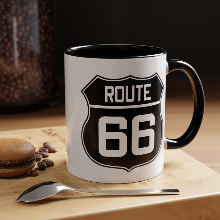 Coffee Mug Black and White Route 66 Highway Shield Design