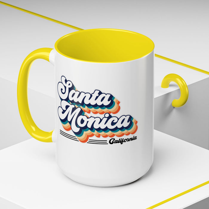 Coffee Mug, Santa Monica Retro 80s Vibe Big Text, Tea Cup, Hot Chocolate Mug, Unique Gift for Beach Lovers, Birthday Gift for Coffee