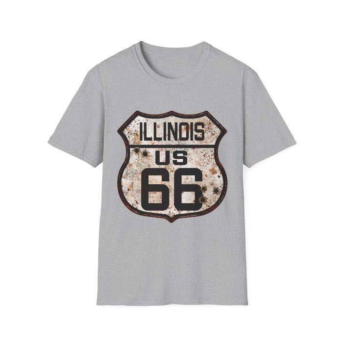Vintage Illinois Route 66 Tee, Rusty Look with Bullet Holes on Route 66 Shield Unisex Softstyle T-Shirt
