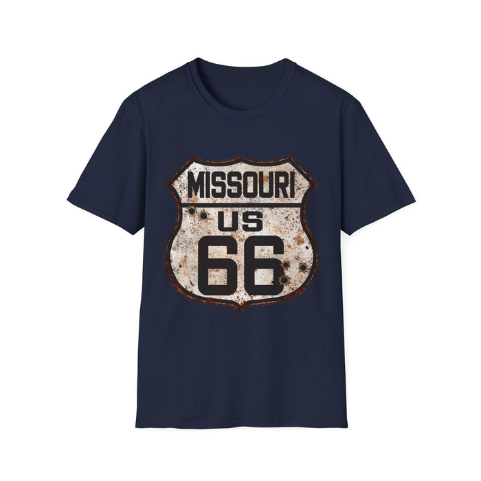Vintage Missouri Route 66 Tee, Rusty Look with Bullet Holes on Route 66 Shield Unisex Softstyle T-Shirt