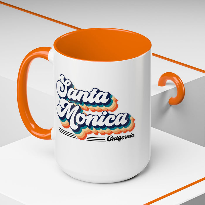 Coffee Mug, Santa Monica Retro 80s Vibe Big Text, Tea Cup, Hot Chocolate Mug, Unique Gift for Beach Lovers, Birthday Gift for Coffee