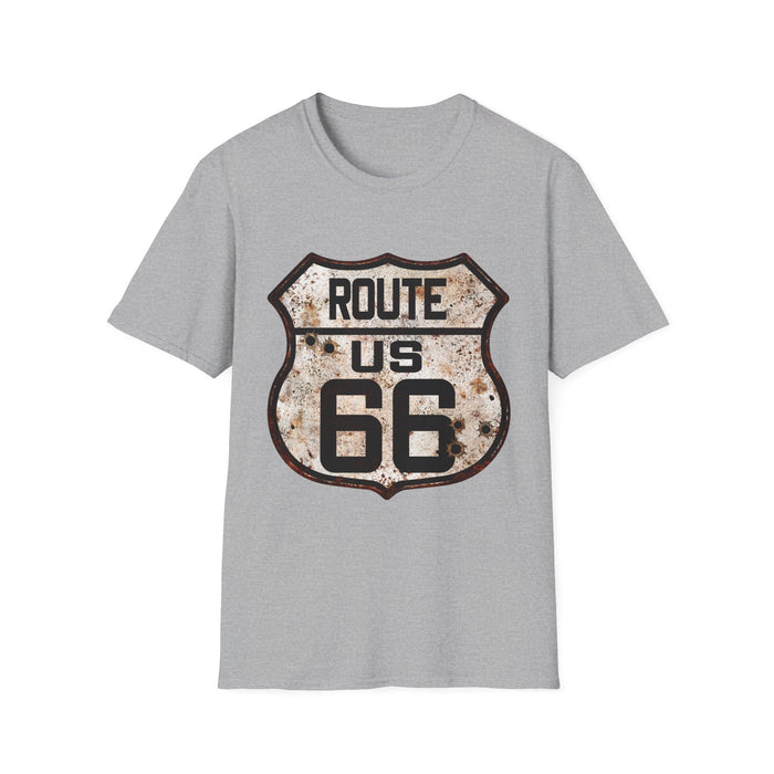 VIntage Route 66 Tee, Rusty Look with Bullet Holes on Route 66 Shield Unisex Softstyle T-Shirt