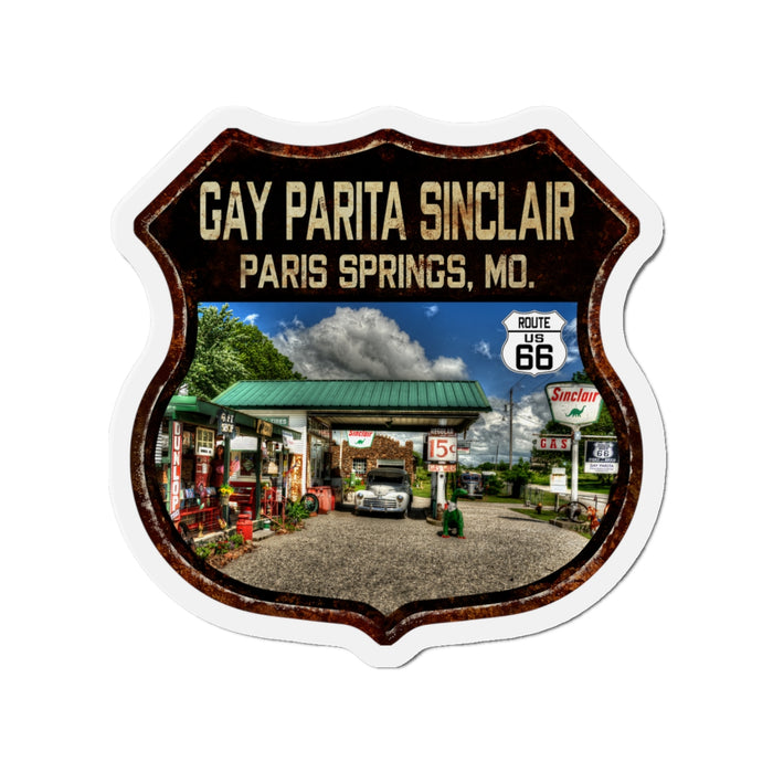 Vintage Rusty Gay Parita Die-Cut Magnet - Route 66 Highway Shield Missouri