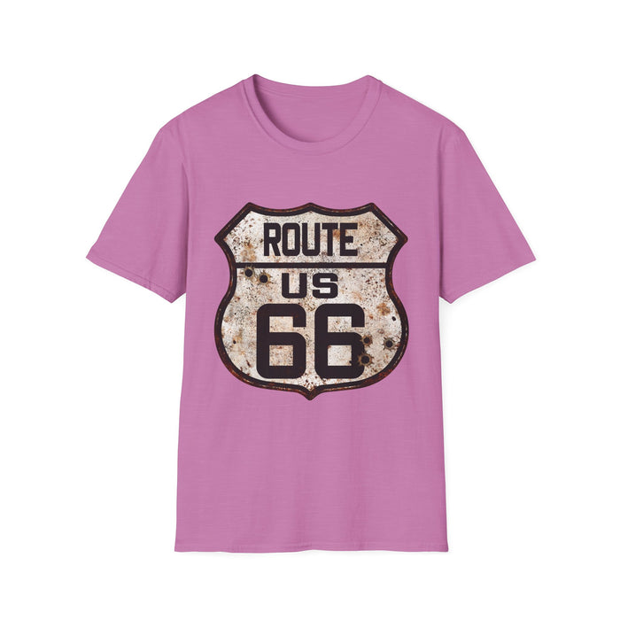 VIntage Route 66 Tee, Rusty Look with Bullet Holes on Route 66 Shield Unisex Softstyle T-Shirt