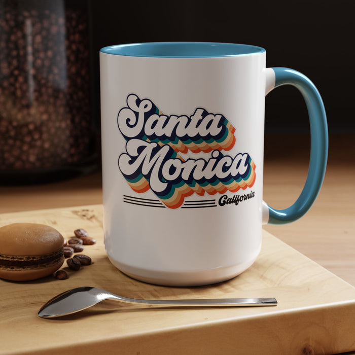 Coffee Mug, Santa Monica Retro 80s Vibe Big Text, Tea Cup, Hot Chocolate Mug, Unique Gift for Beach Lovers, Birthday Gift for Coffee
