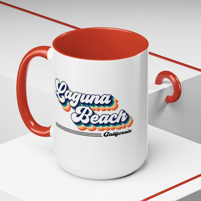 Coffee Mug, Laguna Beach Retro 80s Vibe Big Text, Tea Cup, Hot Chocolate Mug, Unique Gift for Beach Lovers, Birthday Gift for Coffee