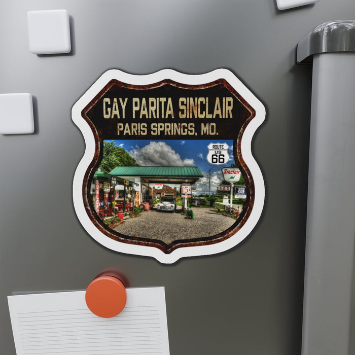 Vintage Rusty Gay Parita Die-Cut Magnet - Route 66 Highway Shield Missouri