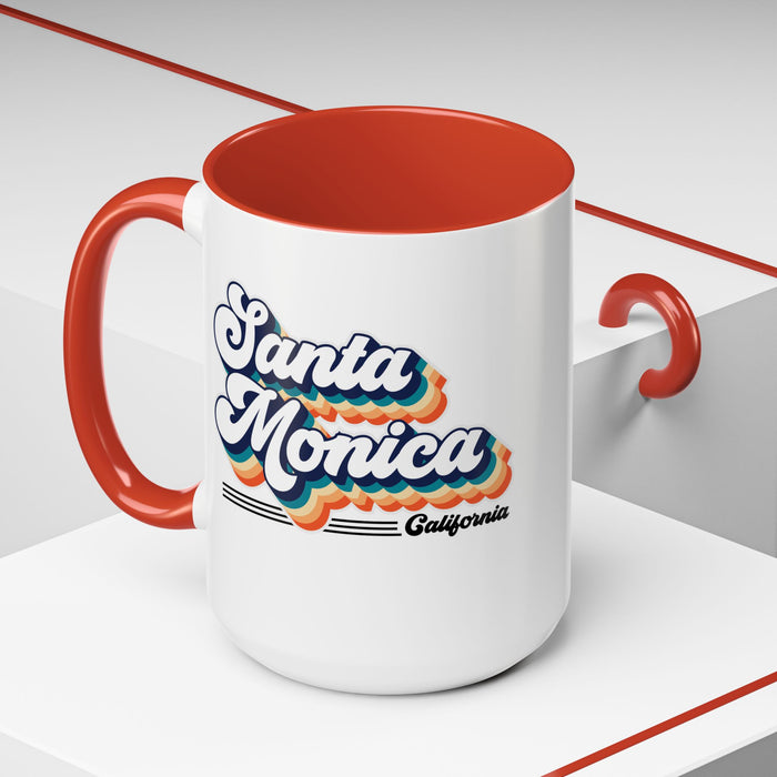 Coffee Mug, Santa Monica Retro 80s Vibe Big Text, Tea Cup, Hot Chocolate Mug, Unique Gift for Beach Lovers, Birthday Gift for Coffee