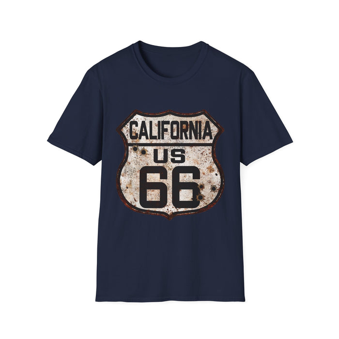 Vintage California Route 66 Tee, Rusty Look with Bullet Holes on Route 66 Shield Unisex Softstyle T-Shirt