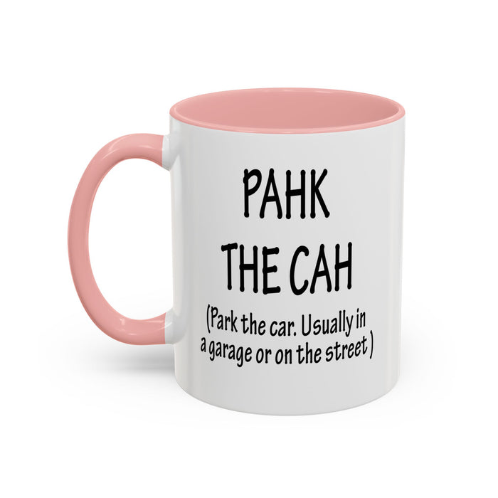 Accent Coffee Mug, Boston Pahk the Cah Funny Gift, Massachusetts Souvenir Cup, Tea Drinker Present, Office Desk Decor, Unique White Ceramic