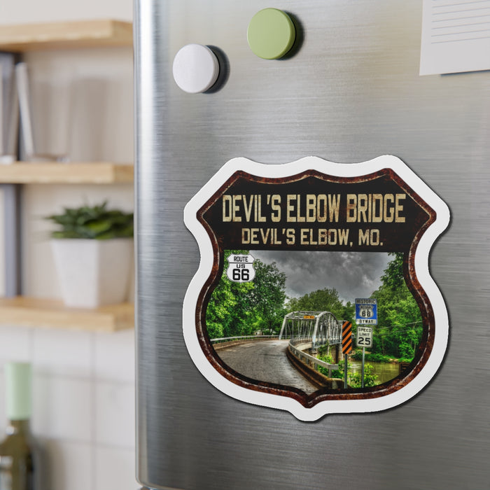 Vintage Devil's Elbow Bridge Die-Cut Magnet - Route 66 Highway Shield Missouri