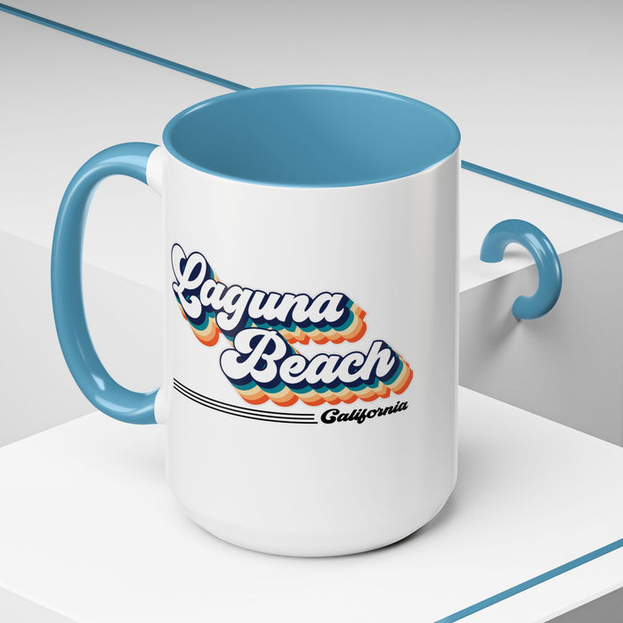 Coffee Mug, Laguna Beach Retro 80s Vibe Big Text, Tea Cup, Hot Chocolate Mug, Unique Gift for Beach Lovers, Birthday Gift for Coffee